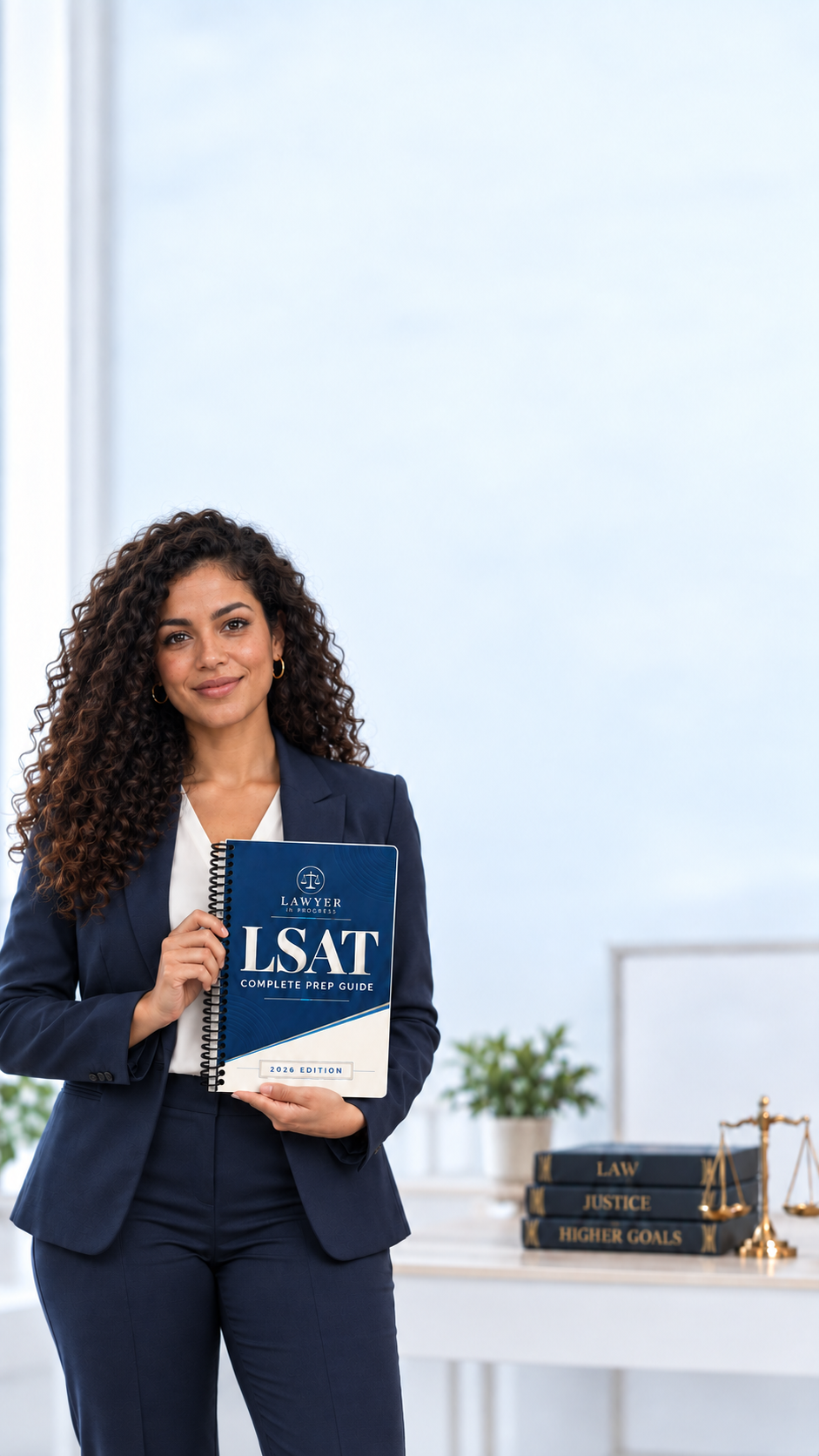 Woman holding the Lawyer in Progress LSAT guide, with clear space for homepage text